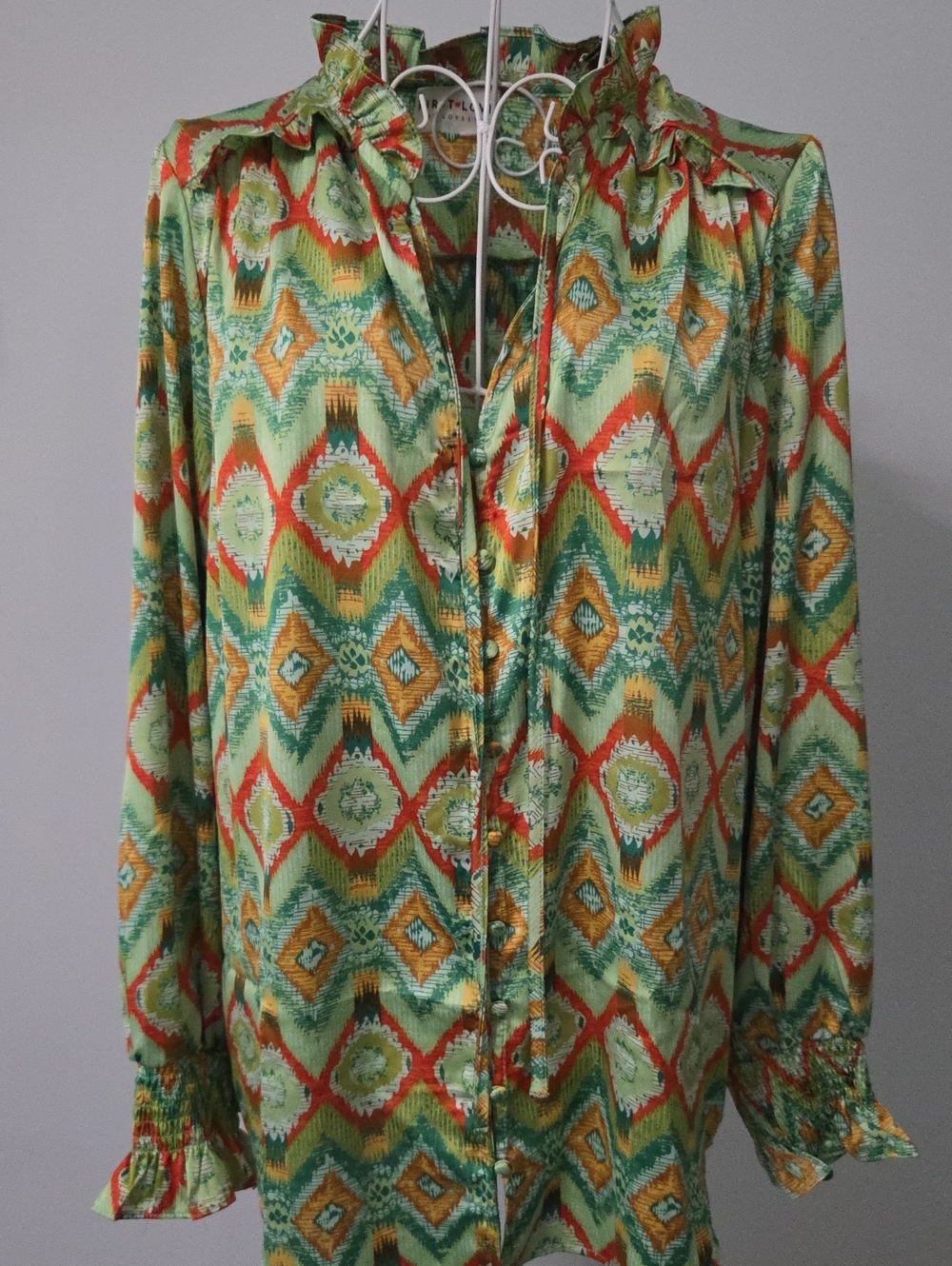 First Love Green Multi Geometric Ruffle-Neck Blouse